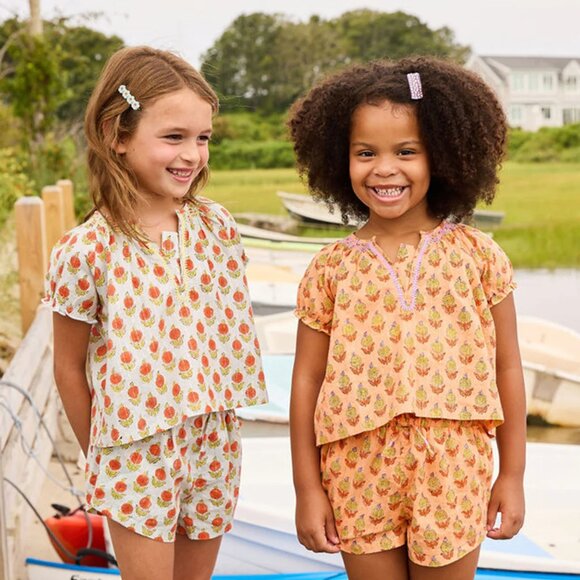 Girls Short Sleeve Ava Top in Orange Dahlia | Boho Chic Indian Block Print | Pin - Picture 2 of 2